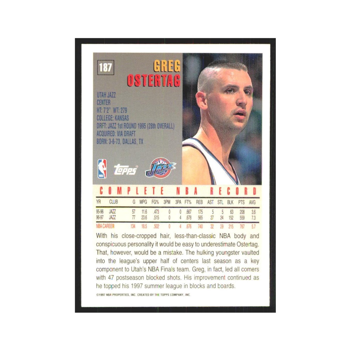 1997 Topps Greg Ostertag Jazz #187.0