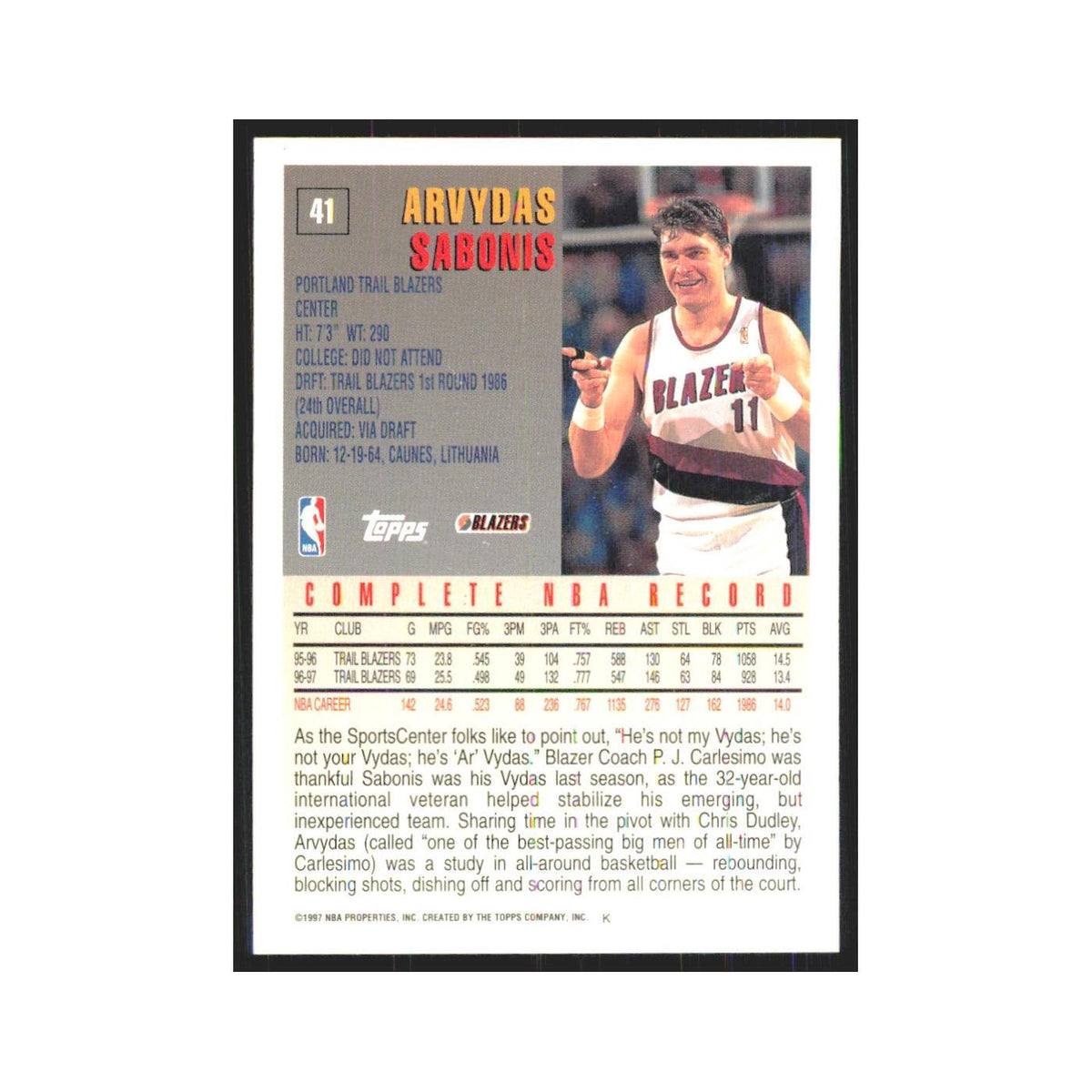 1997 Topps Arvydas Sabonis Blazers #41.0