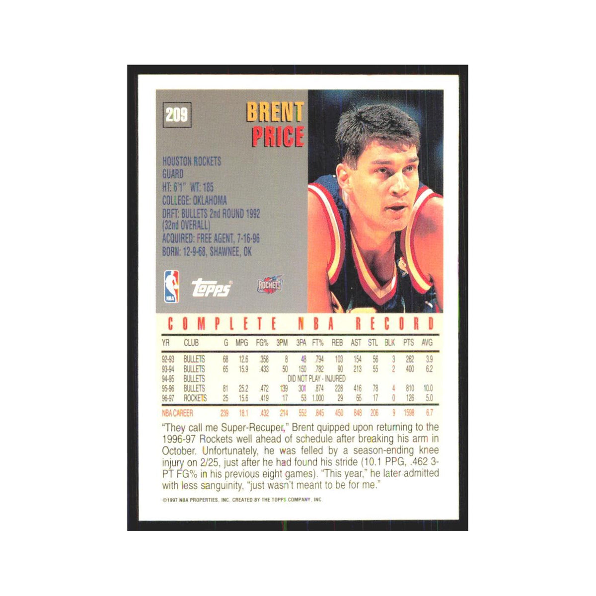 1997 Topps Brent Price Rockets #209.0