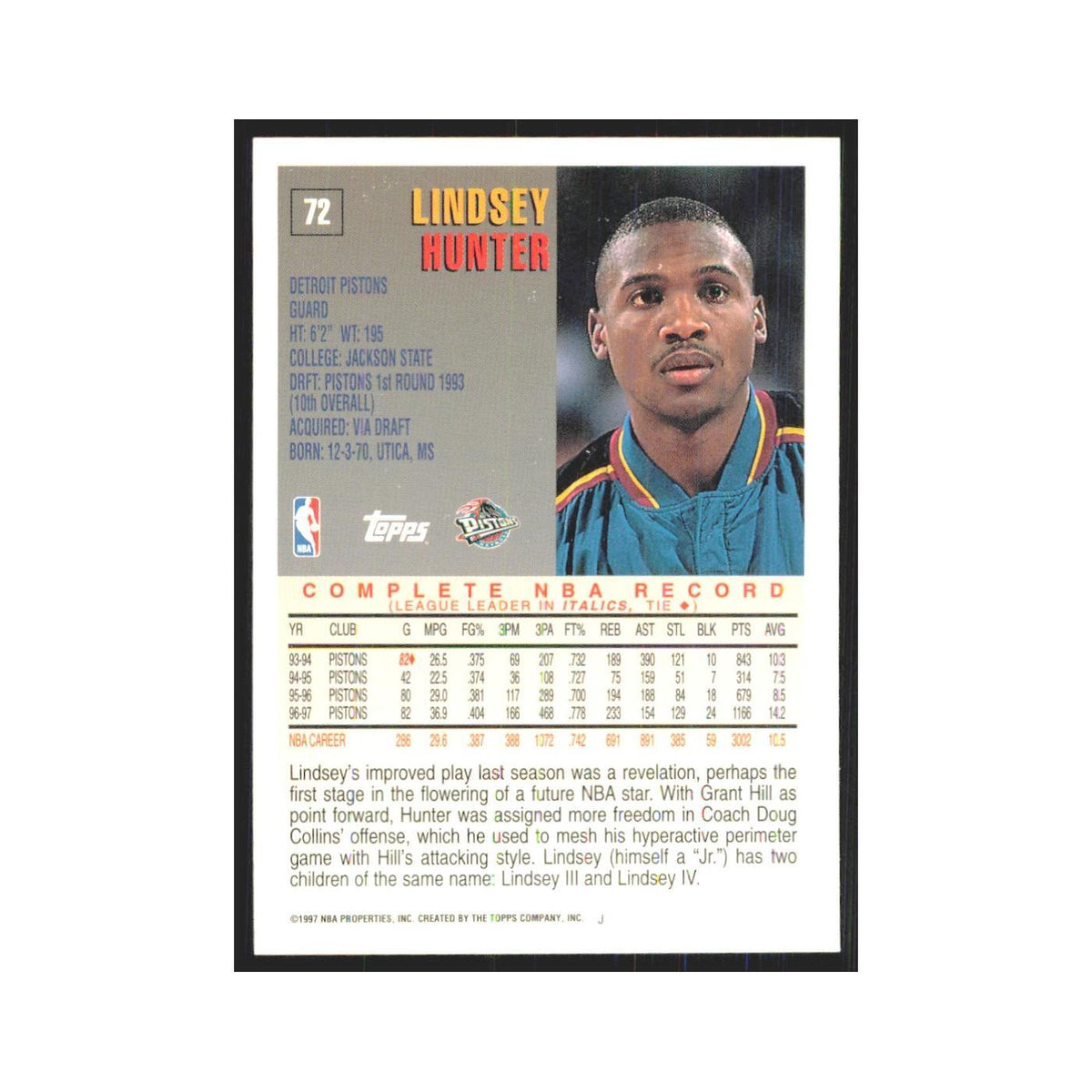 1997 Topps Lindsey Hunter Pistons #72.0