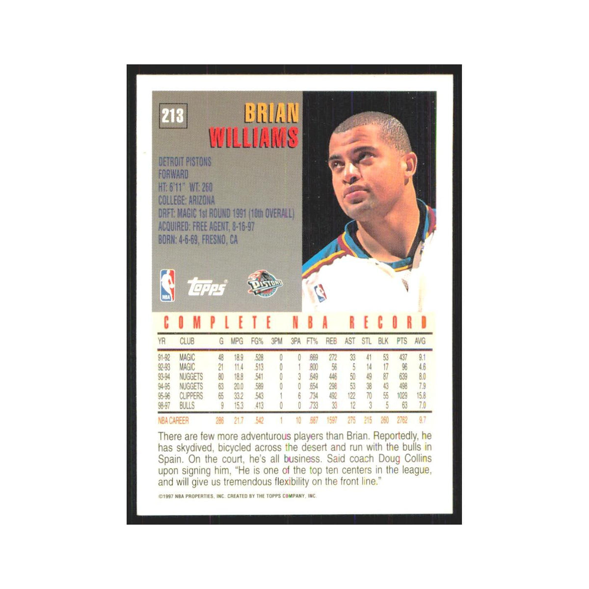 1997 Topps Brian Williams Pistons #213.0