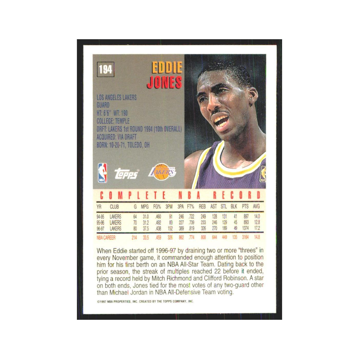 1997 Topps Eddie Jones Lakers #194.0
