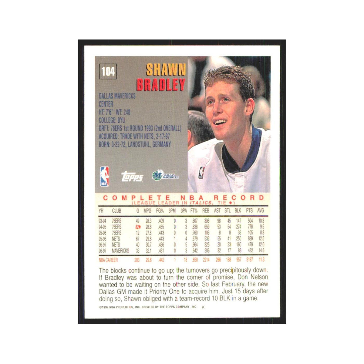 1997 Topps Shawn Bradley Mavericks #104.0