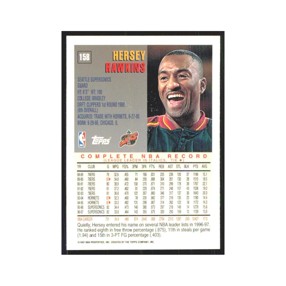 1997 Topps Hersey Hawkins Seattle SuperSonics #158.0