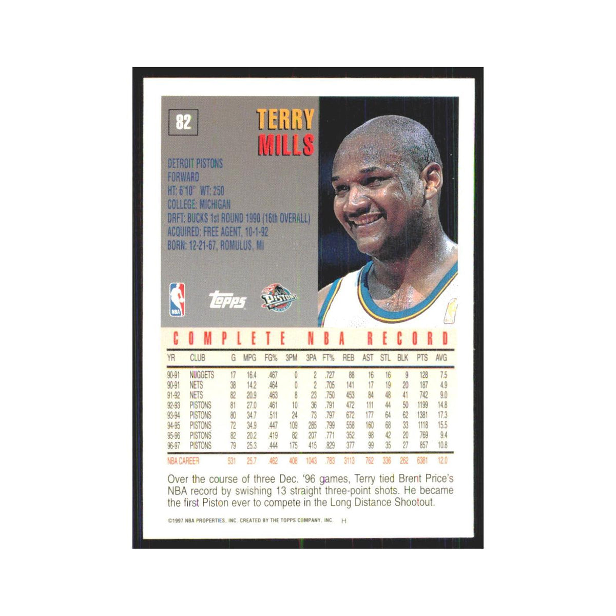 1997 Topps Terry Mills Pistons #82.0