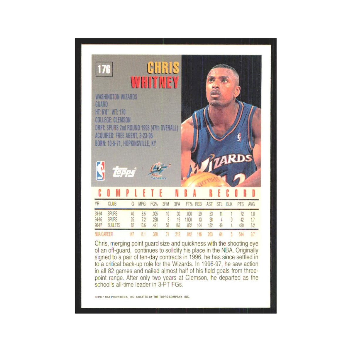 1997 Topps Chris Whitney Wizards #176.0