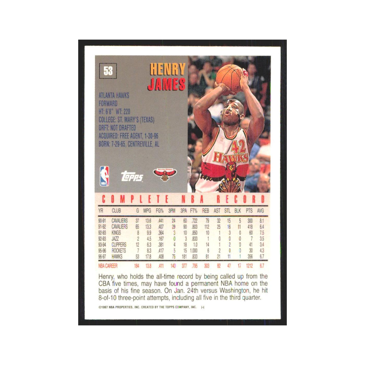 1997 Topps Henry James Hawks #53.0