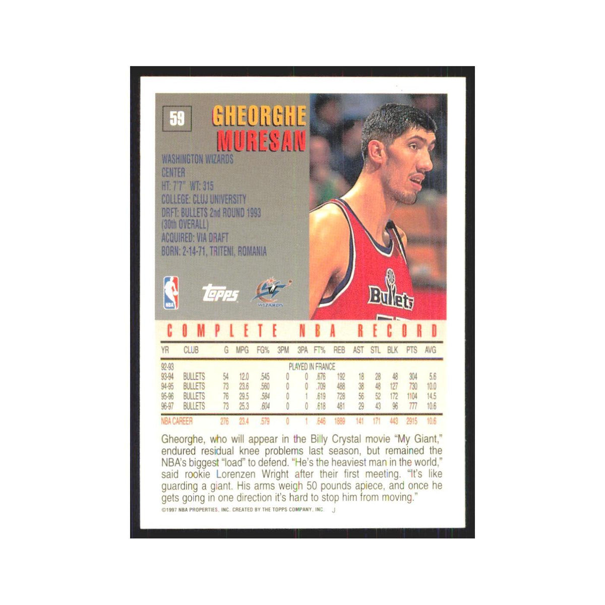 1997 Topps Gheorghe Muresan Wizards #59.0