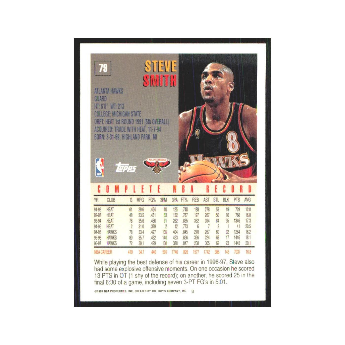 1997 Topps Steve Smith Hawks #79.0