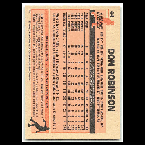 Don Robinson #44 1983 O-Pee-Chee Pittsburgh Pirates Baseball Card MLB NM