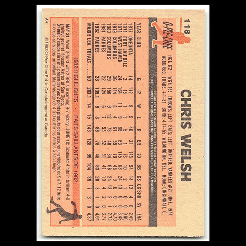 Chris Welsh #118 1983 O-Pee-Chee San Diego Padres Baseball Card MLB NM