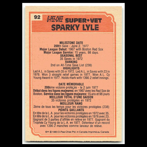 Sparky Lyle #92 1983 O-Pee-Chee Boston Red Sox/Chicago White Sox Baseball Card