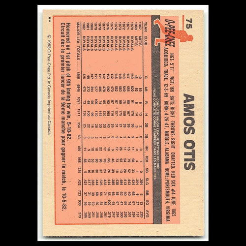 Amos Otis #75 1983 O-Pee-Chee Kansas City Royals Baseball Card MLB NM