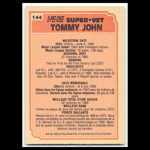 Tommy John #144 1983 O-Pee-Chee Cleveland Indians/California Angels Baseball MLB