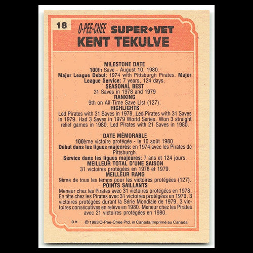 Kent Tekulve #18 1983 O-Pee-Chee Pittsburgh Pirates Baseball Card MLB NM