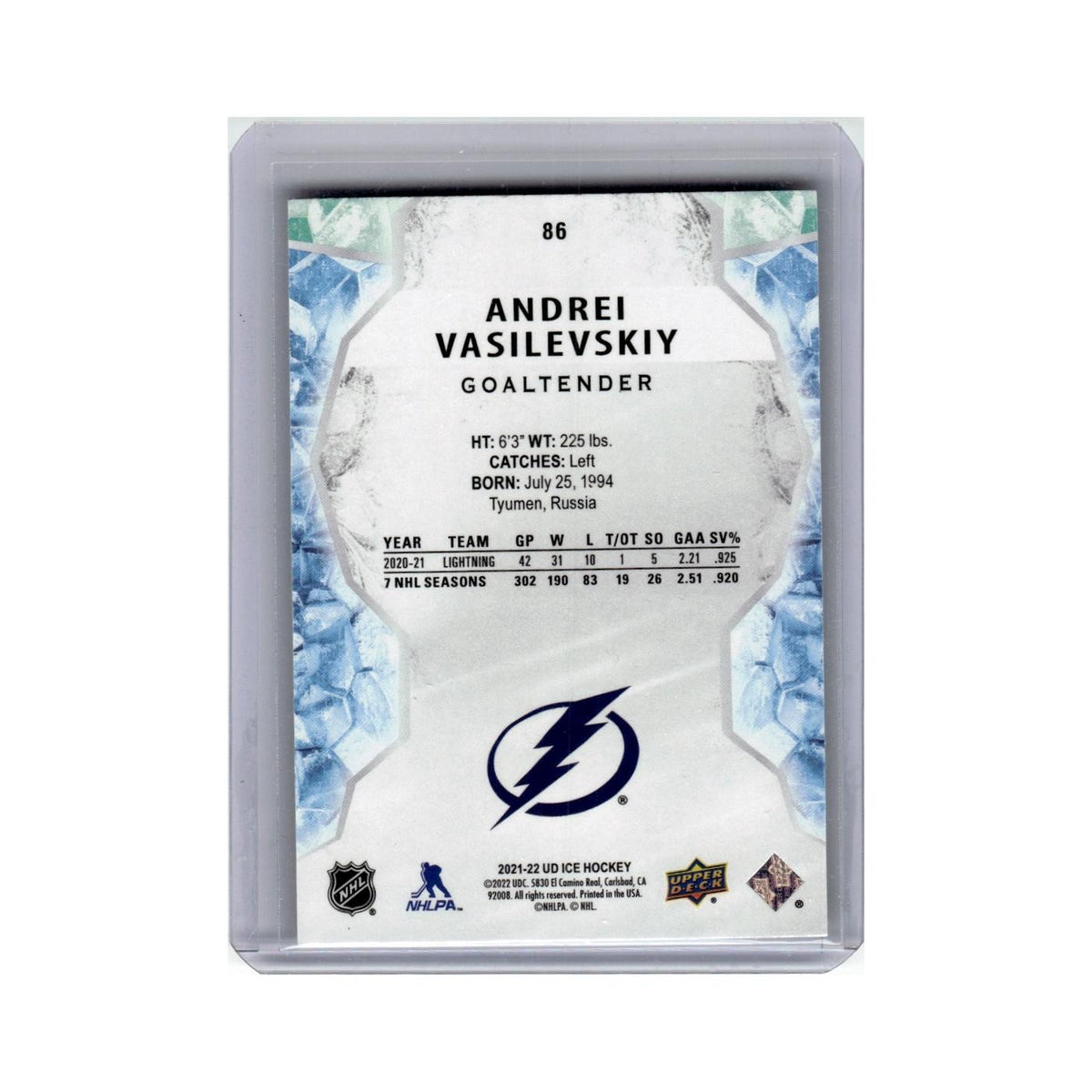 Andrei Vasilevskiy 2021 Upper Deck Ice #86 Tampa Bay Lightning Hockey Card NM