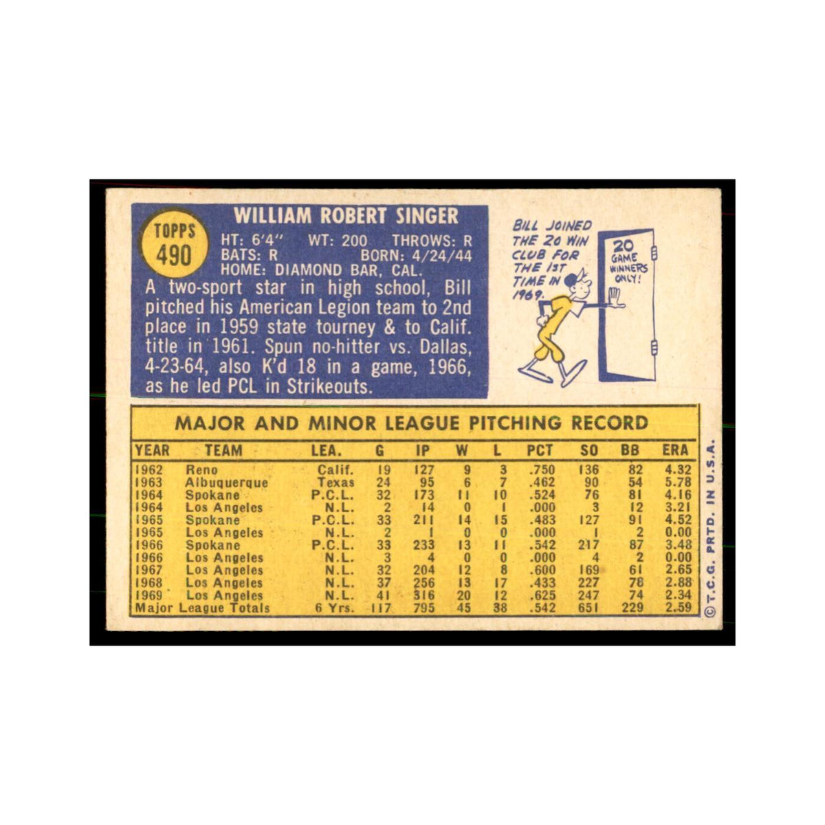 1970 Topps (Damaged) Bill Singer Baseball Cards #490