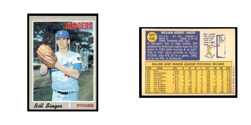 1970 Topps (Damaged) Bill Singer Baseball Cards #490