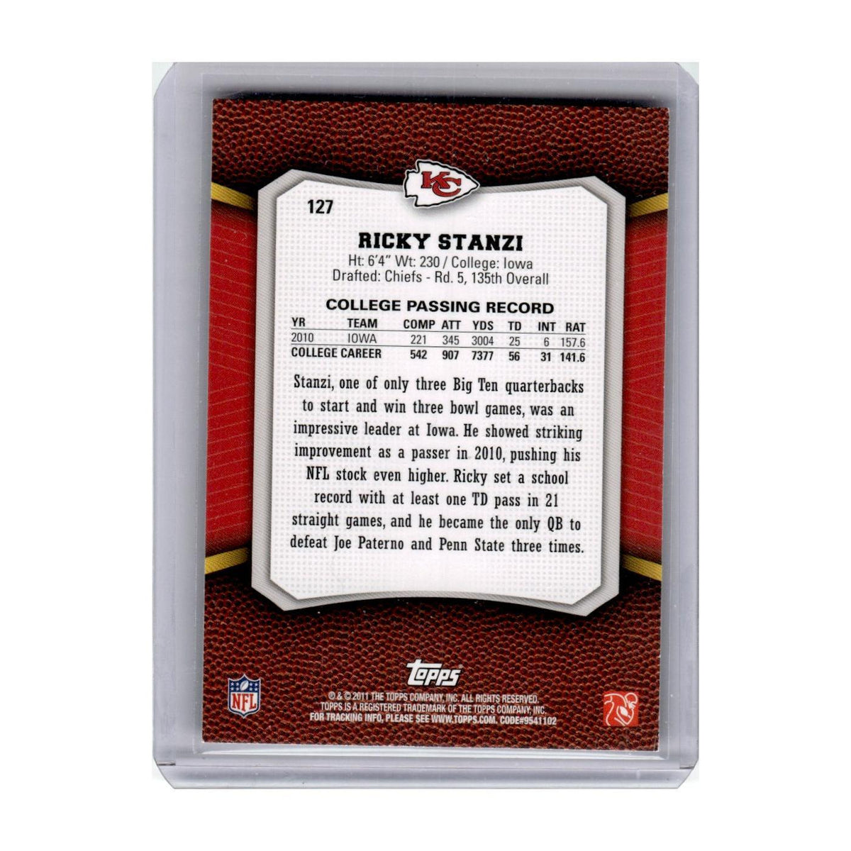 2011 Topps Rising Rookies Ricky Stanzi Chiefs #127