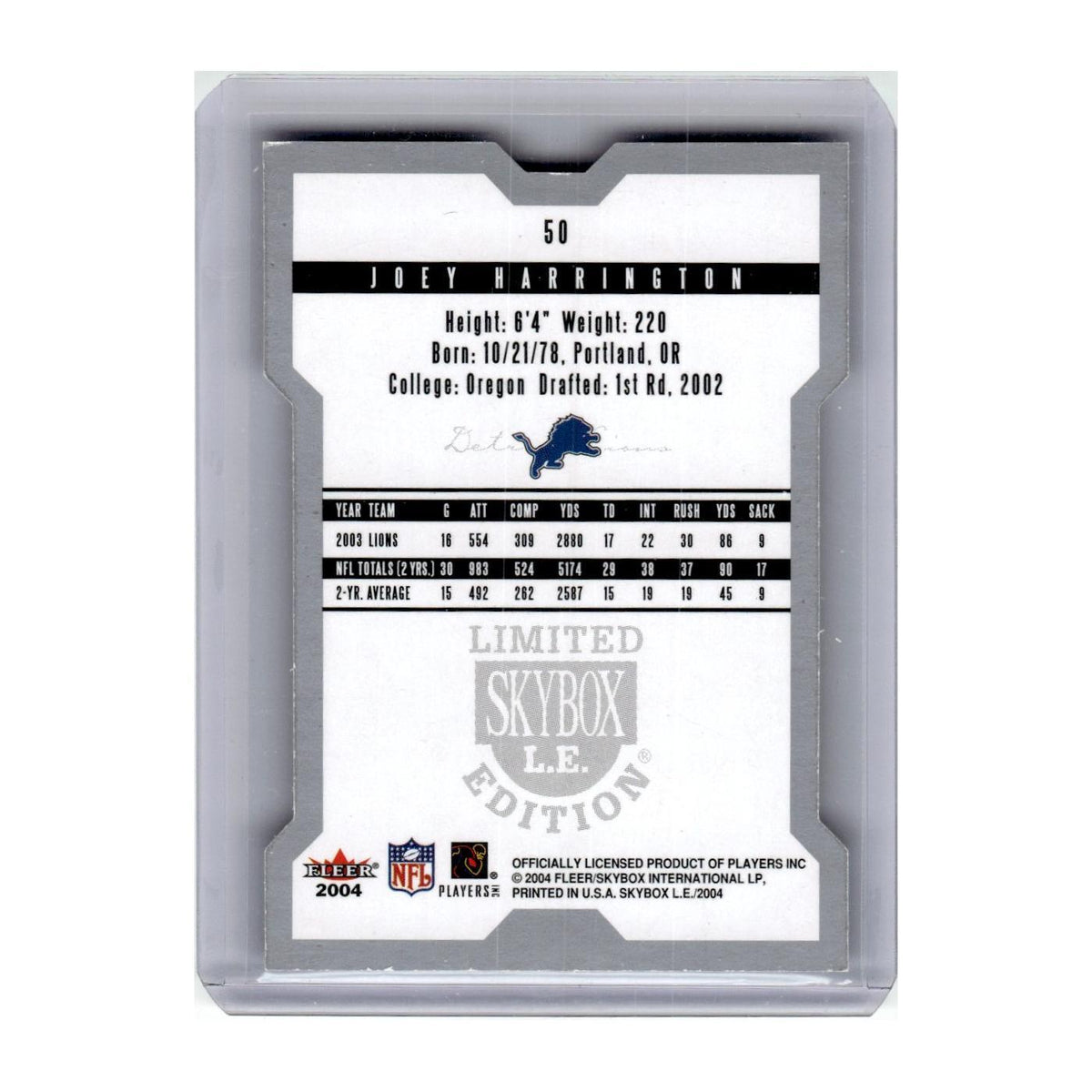 2004 Skybox Limited L.E. Joey Harrington Lions #50