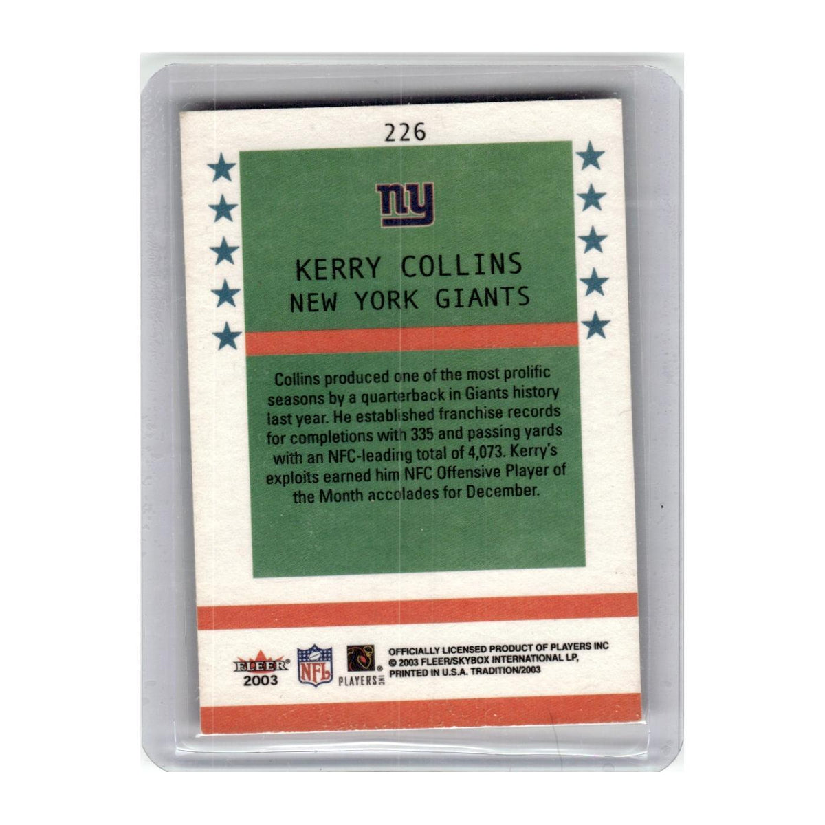 2003 Fleer Tradition Kerry Collins Giants #226