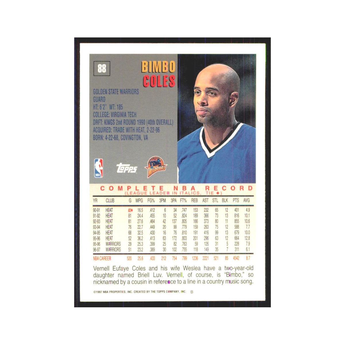 1997 Topps Bimbo Coles Golden State Warriors #88.0