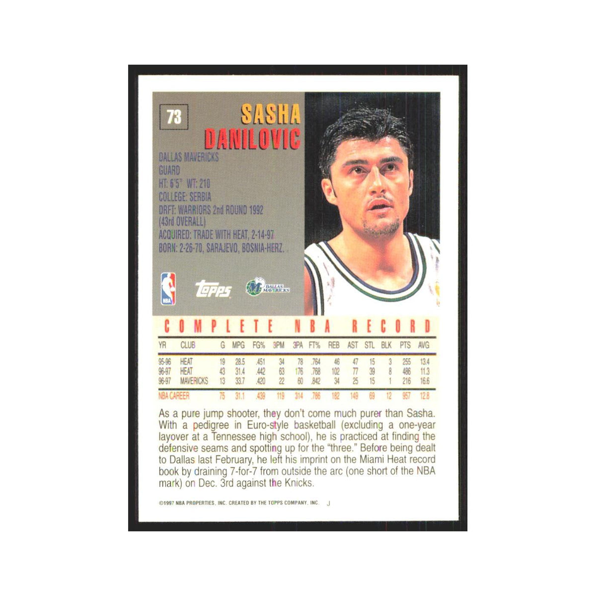 1997 Topps Sasha Danilovic Mavericks #73.0