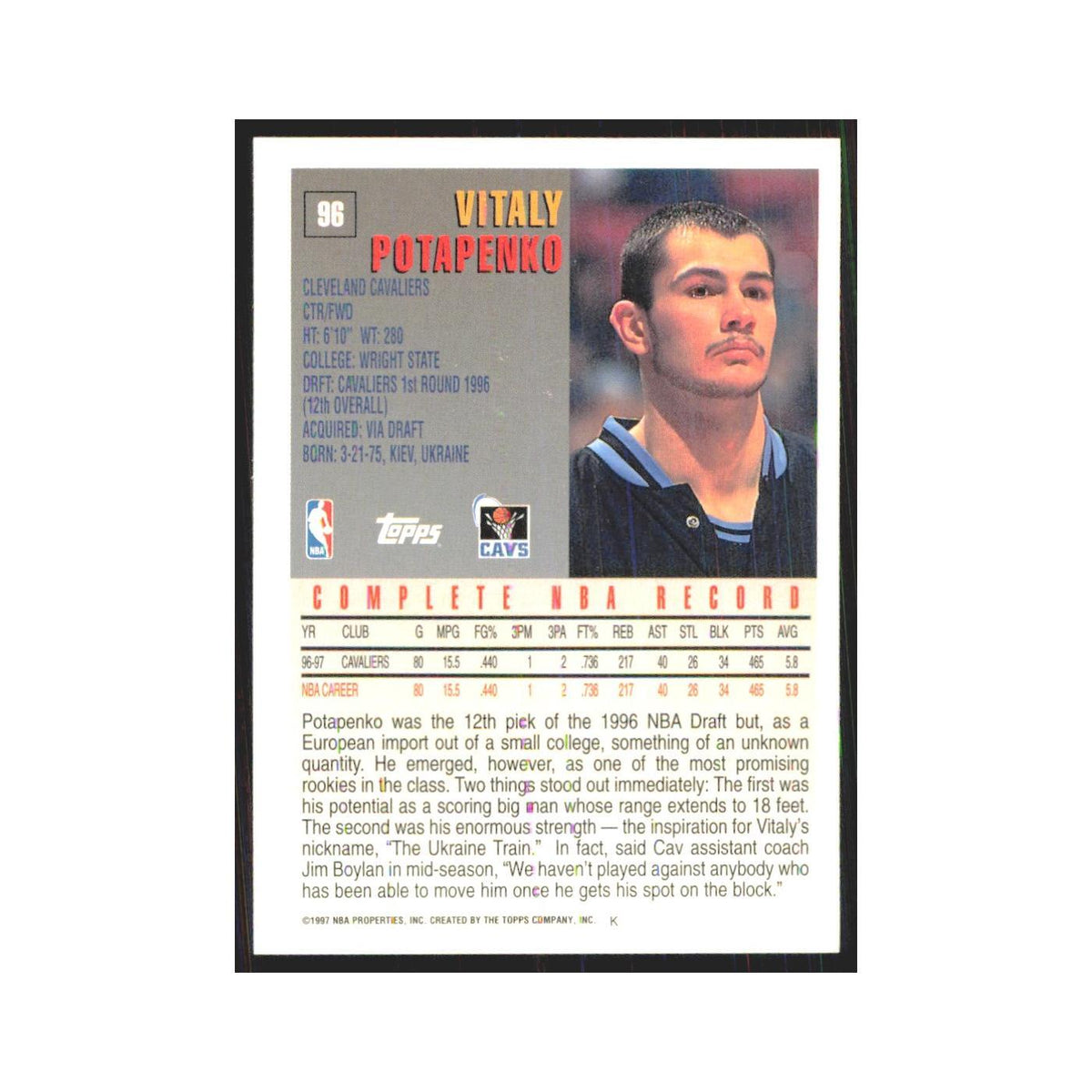 1997 Topps Vitaly Potapenko Cavaliers #96.0