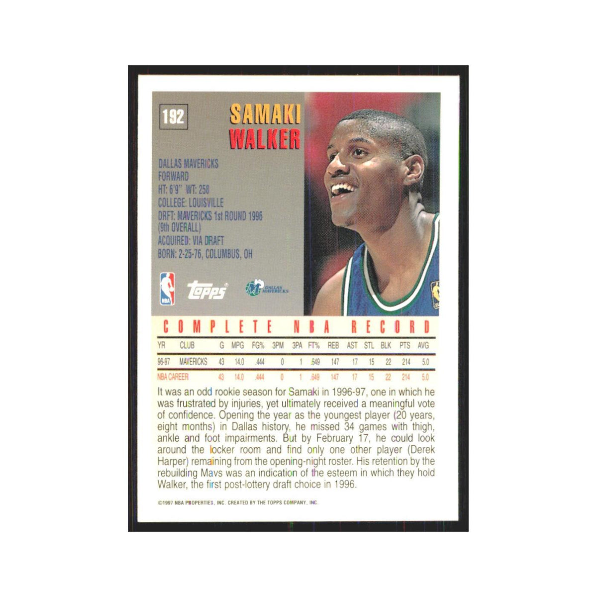 1997 Topps Samaki Walker Mavericks #192.0