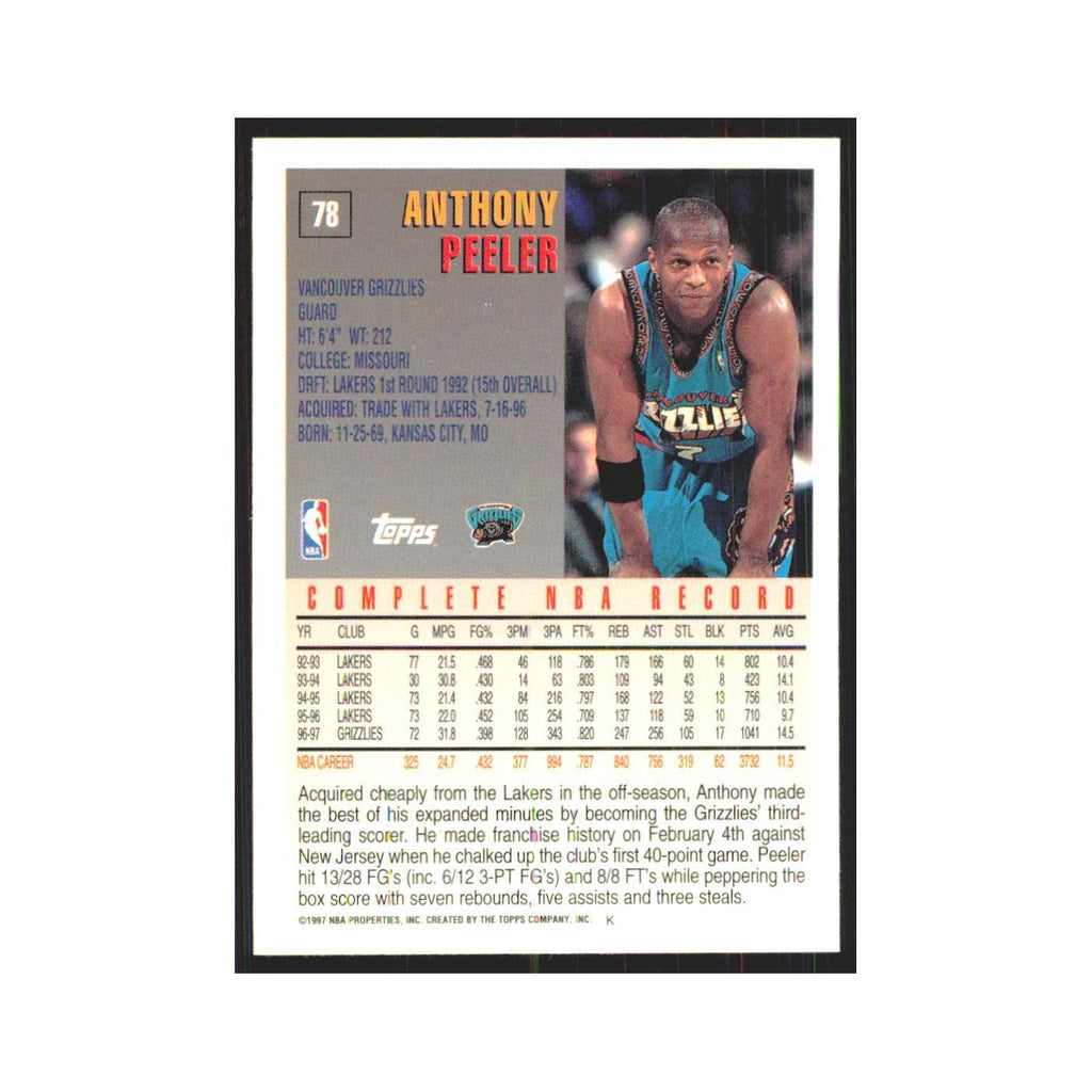 1997 Topps Anthony Peeler Vancouver Grizzlies #78.0