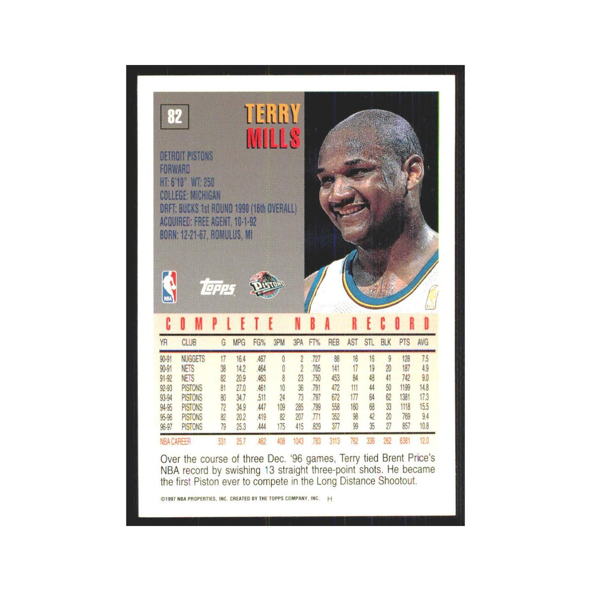 1997 Topps Terry Mills Pistons #82.0