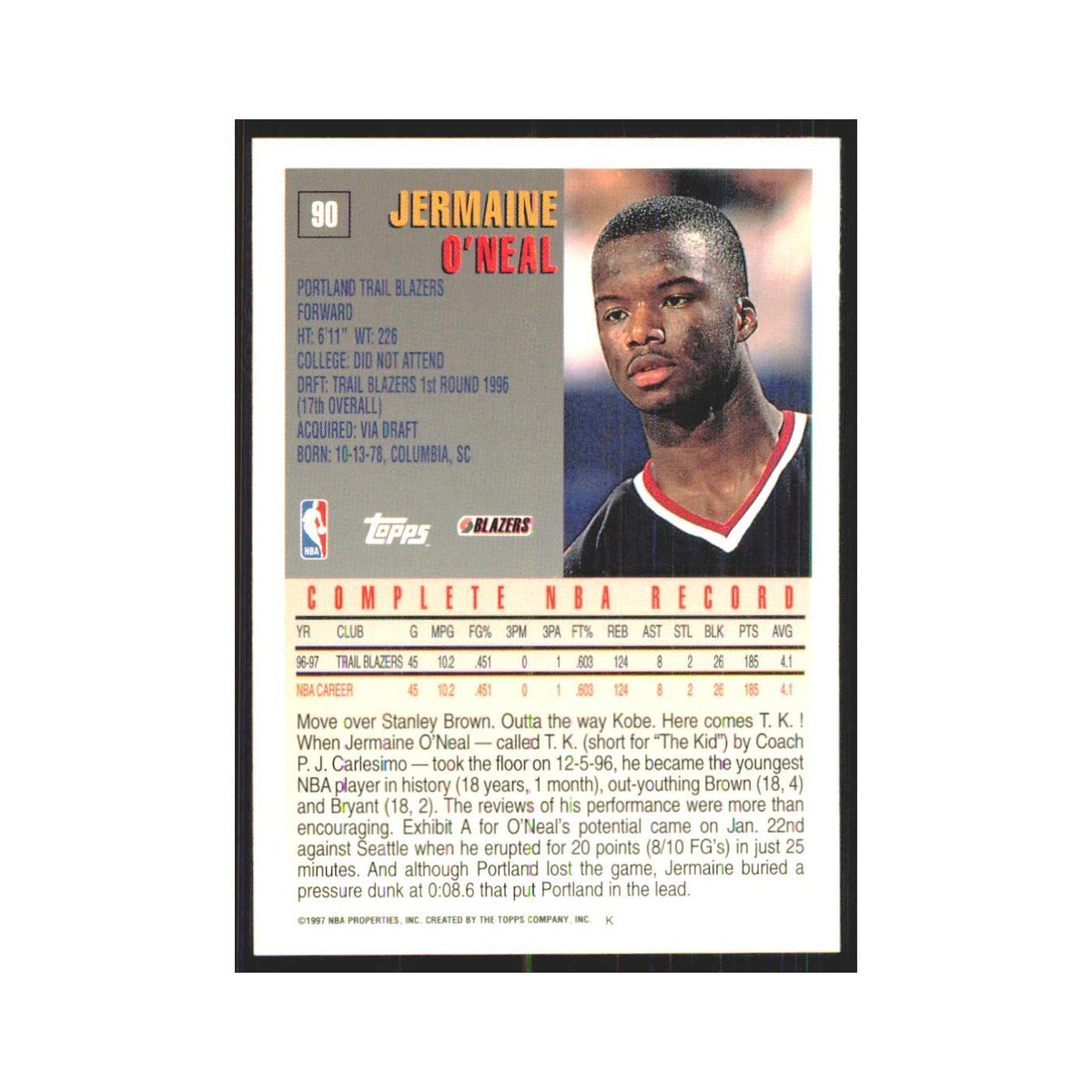1997 Topps Jermaine O'Neal Blazers #90.0