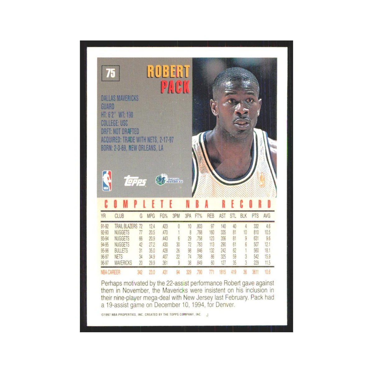 1997 Topps Robert Pack Mavericks #75.0