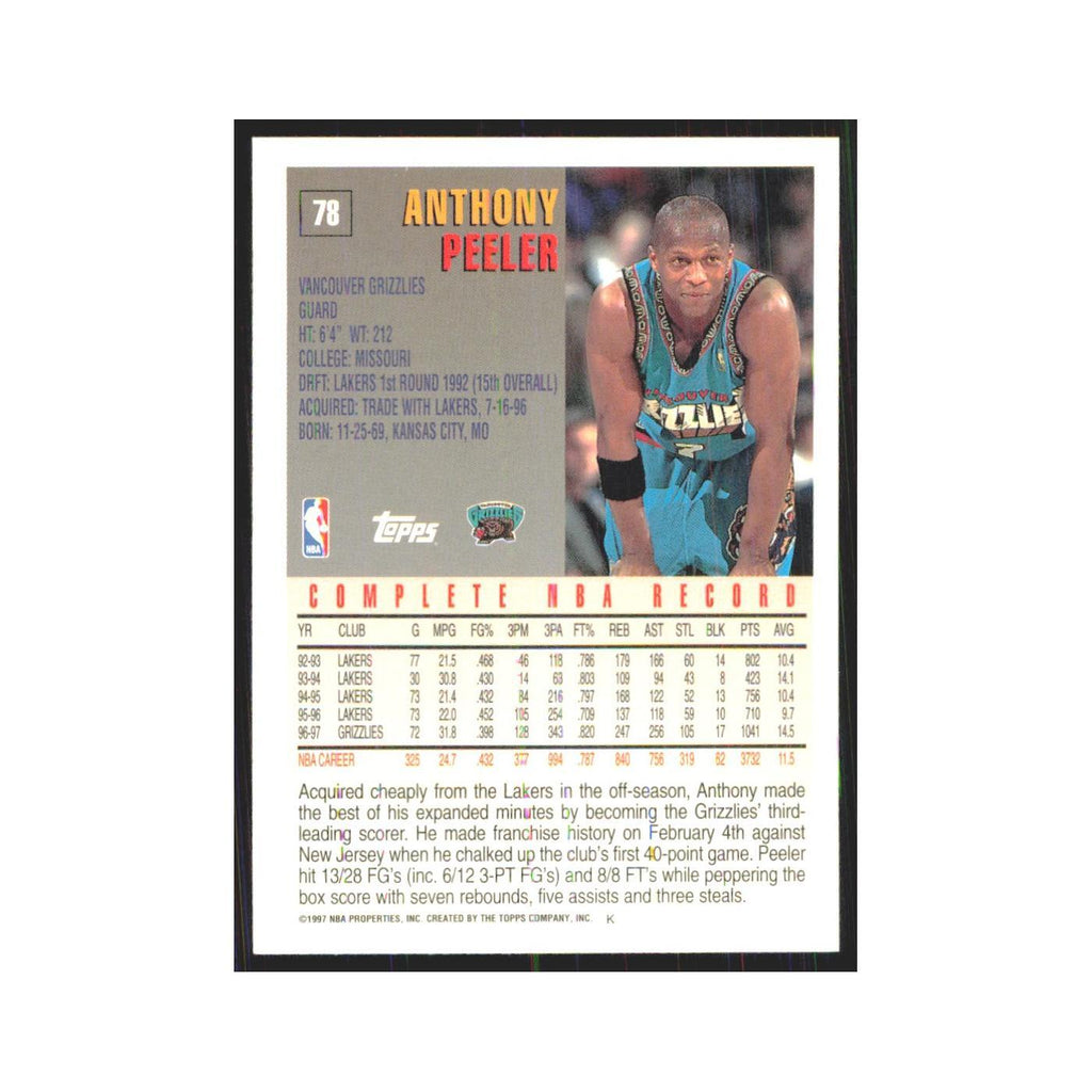 1997 Topps Anthony Peeler Vancouver Grizzlies #78.0