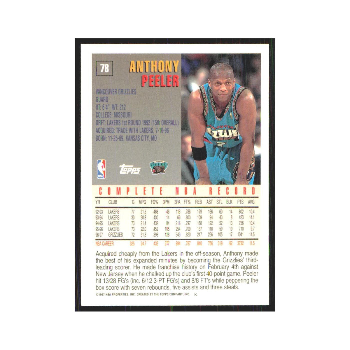 1997 Topps Anthony Peeler Vancouver Grizzlies #78.0