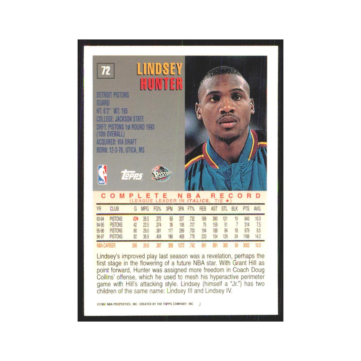 1997 Topps Lindsey Hunter Pistons #72.0