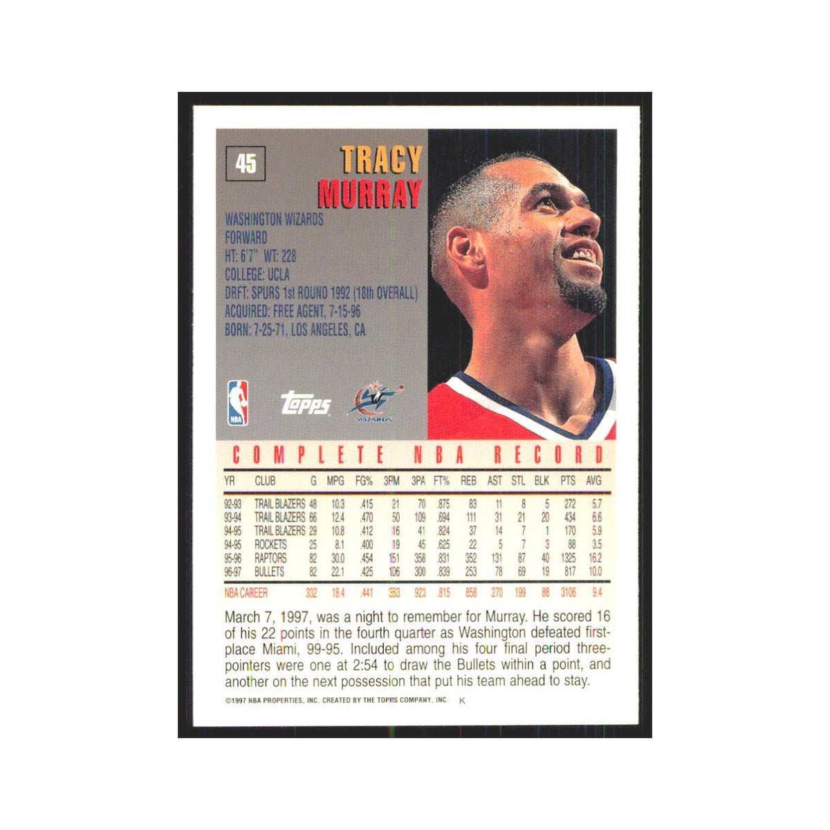1997 Topps Tracy Murray Wizards #45.0