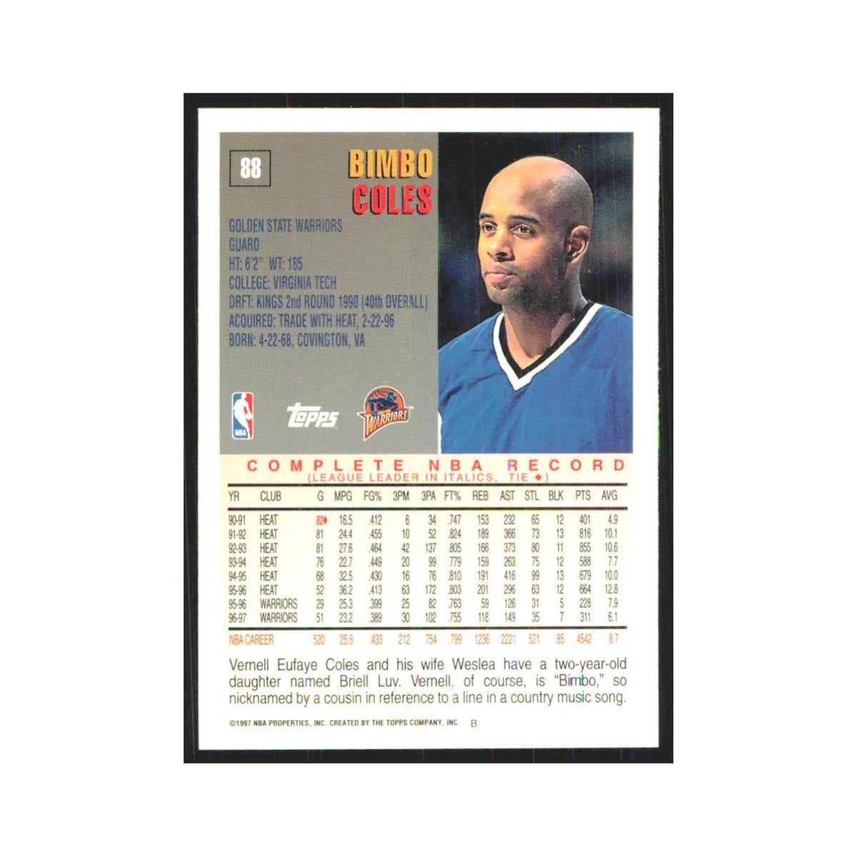 1997 Topps Bimbo Coles Golden State Warriors #88.0