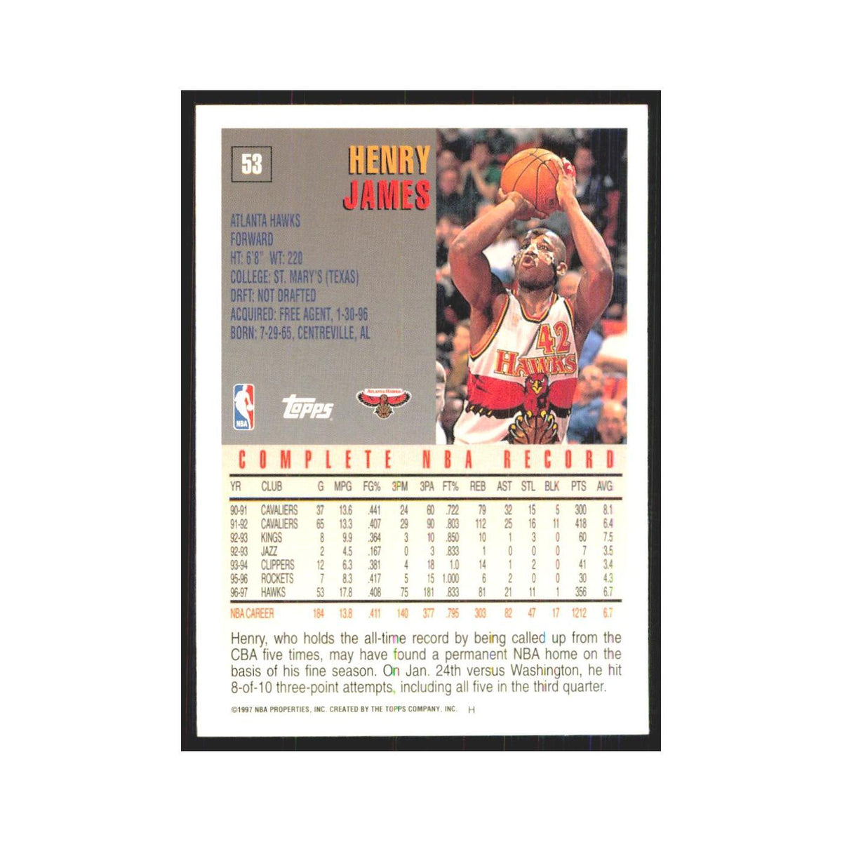 1997 Topps Henry James Hawks #53.0