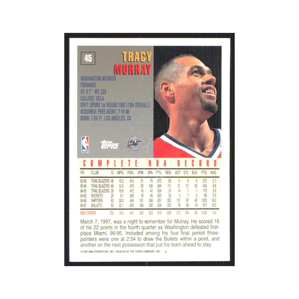 1997 Topps Tracy Murray Wizards #45.0
