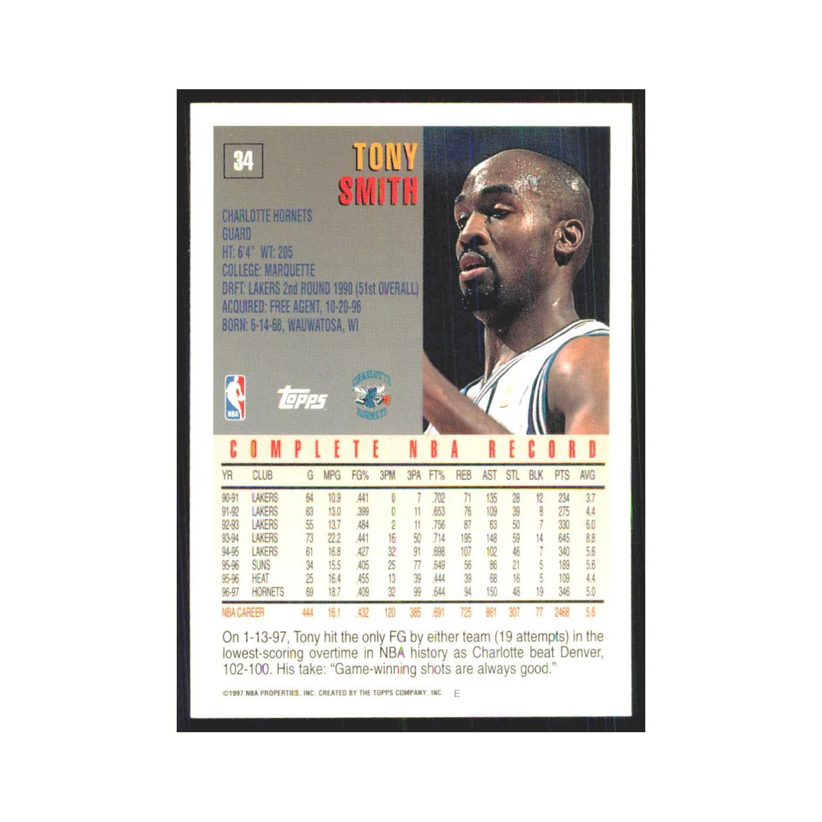 1997 Topps Tony Smith Hornets #34.0