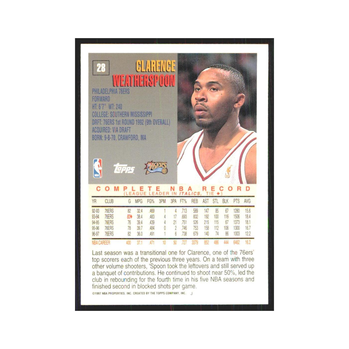1997 Topps Clarence Weatherspoon 76ers #28.0