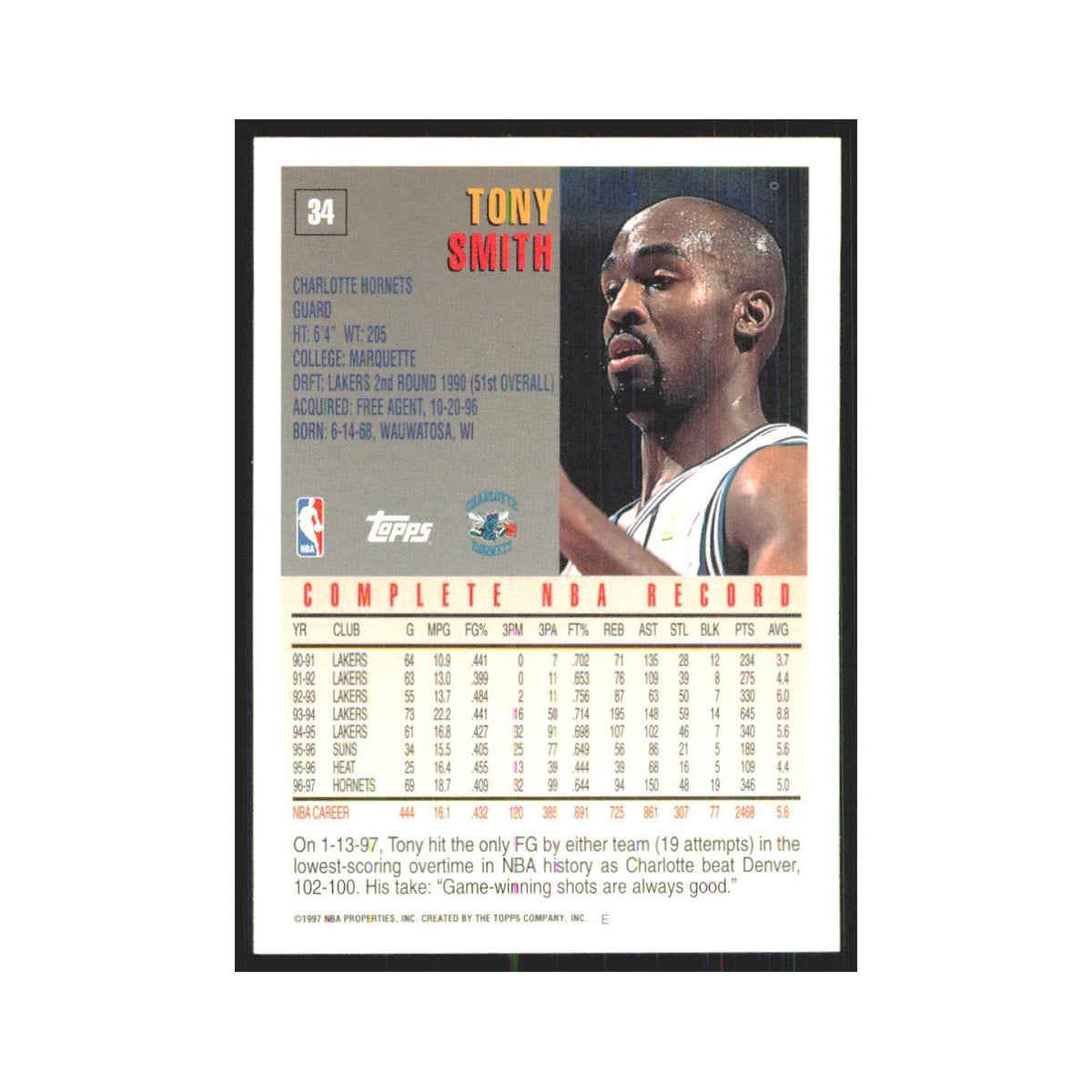 1997 Topps Tony Smith Hornets #34.0