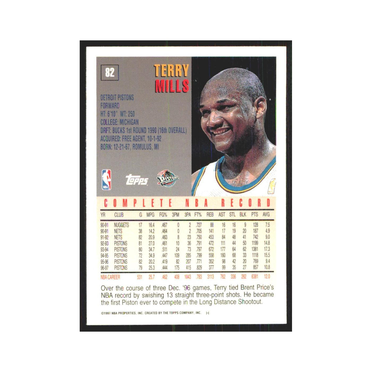1997 Topps Terry Mills Pistons #82.0
