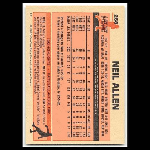 Neil Allen #268 1983 O-Pee-Chee New York Mets Baseball Card MLB NM