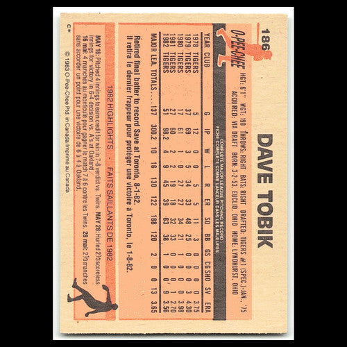Dave Tobik #186 1983 O-Pee-Chee Detroit Tigers Baseball Card MLB NM