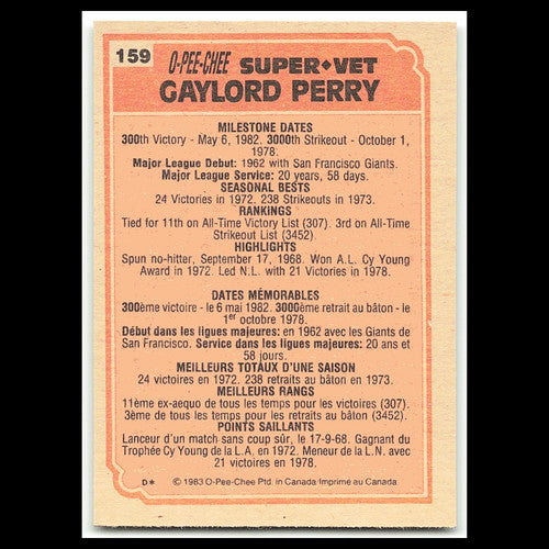 Gaylord Perry #159 1983 O-Pee-Chee San Francisco Giants/Seattle Mariners Card NM