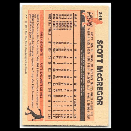 Scott McGregor #216 1983 O-Pee-Chee Baltimore Orioles Baseball Card MLB NM