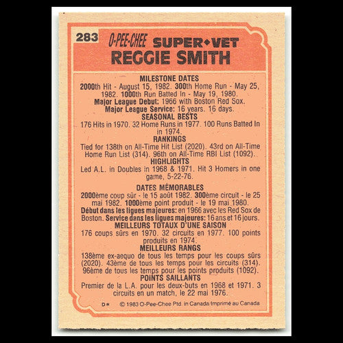 Reggie Smith #283 1983 O-Pee-Chee Boston Red Sox/San Francisco Giants Baseball