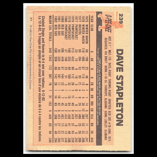 Dave Stapleton #239 1983 O-Pee-Chee Boston Red Sox Baseball Card MLB NM